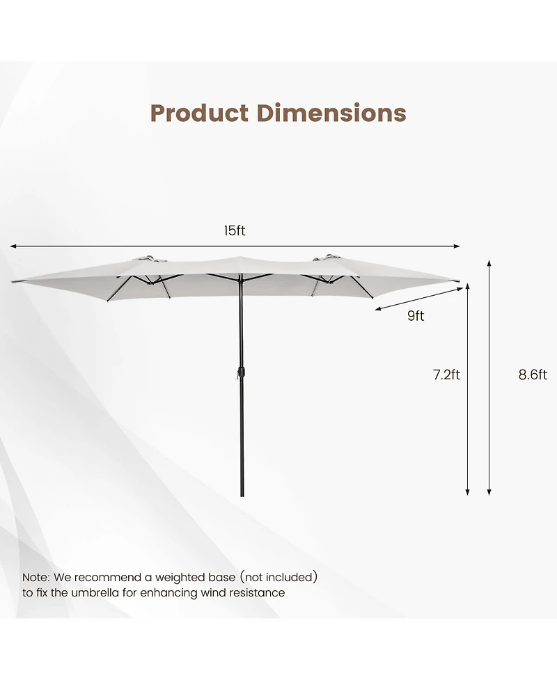 Gymax 15FT Double-Sided Market Umbrella Large Crank Handle Vented Twin Patio
