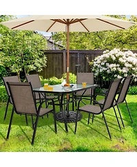 Gymax 7PCS Patio Dining Furniture Set w/ 6 Stackable Armchairs & Umbrella Hole