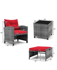 5 Piece Patio Rattan Furniture with 2 Ottomans and Tempered Glass Coffee Table-Red
