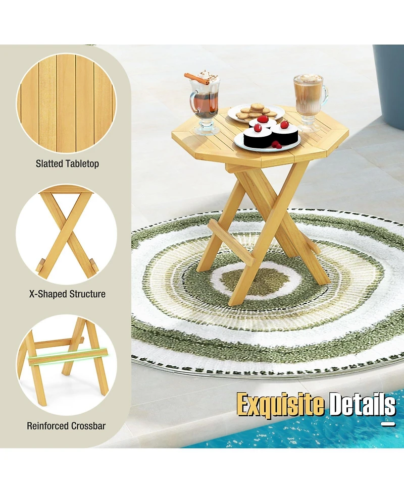 Teak Wood Octagon Coffee Table with X-shaped Legs and Slatted Tabletop