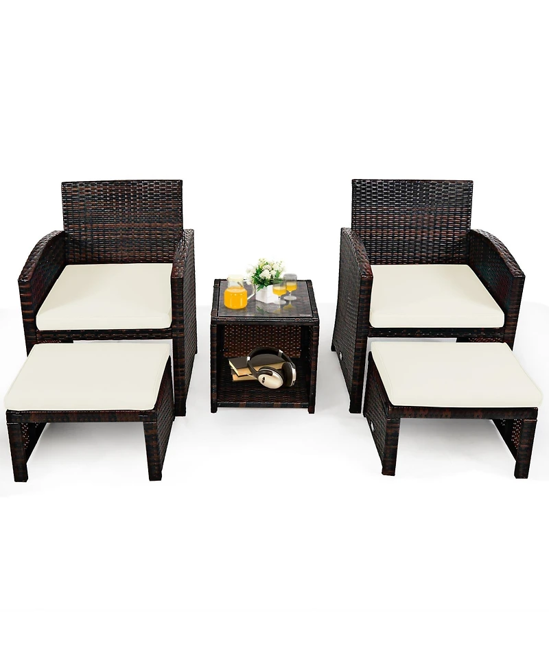 5 Pieces Patio Rattan Furniture Set with Ottoman and Tempered Glass Coffee Table-White