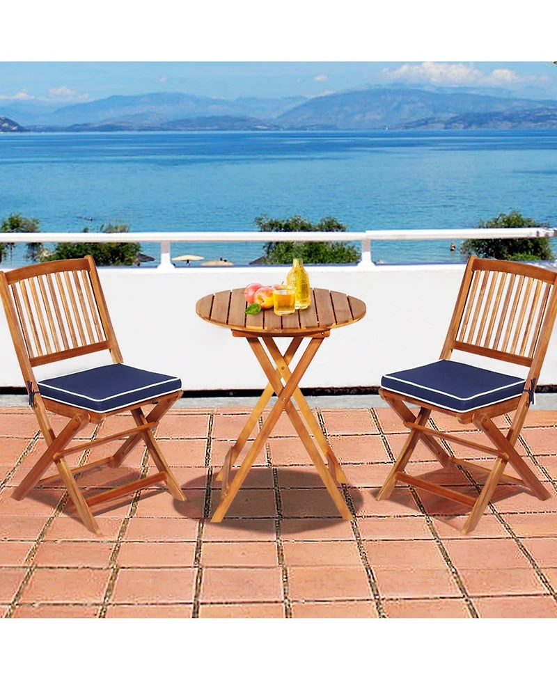 Gymax 3PCS Folding Patio Conversation Set Acacia Wood Bistro Set w/ Cushions