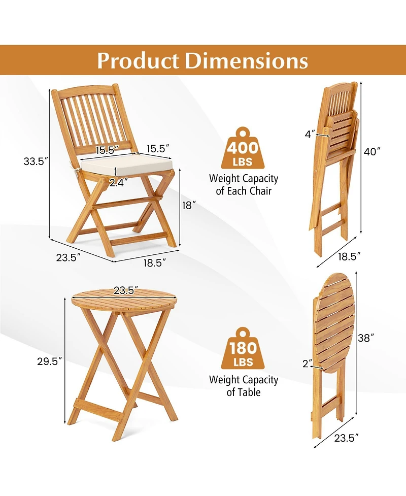 3 Pieces Acacia Wood Patio Folding Bistro Set with Soft Cushions-Beige
