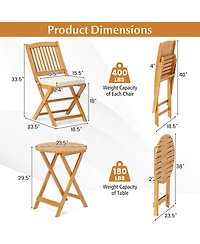 3 Pieces Acacia Wood Patio Folding Bistro Set with Soft Cushions-Beige