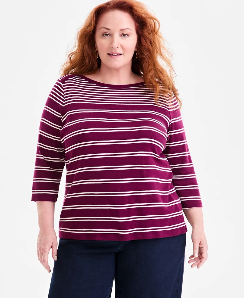 Style & Co Plus Printed Pima Cotton 3/4-Sleeve Top, Exclusively at Macy's