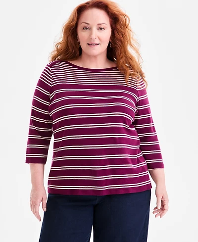 Style & Co Plus Printed Pima Cotton 3/4-Sleeve Top, Exclusively at Macy's