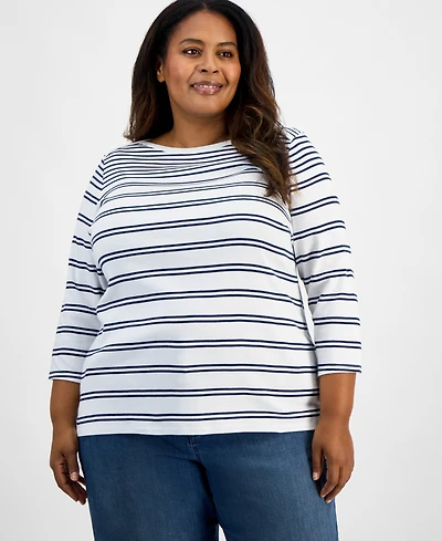 Style & Co Plus Printed Pima Cotton 3/4-Sleeve Top, Exclusively at Macy's