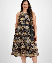 Tahari Asl Plus Embroidered-Mesh Tie-Waist Dress
