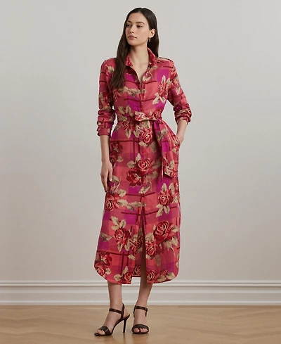 Lauren Ralph Women's Floral Checked Linen Shirtdress
