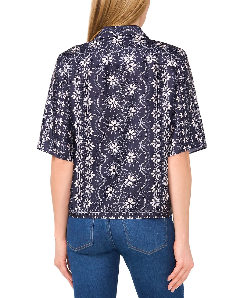 CeCe Women's Printed Short-Sleeve Camp Top