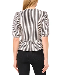 CeCe Women's Striped Puff-Sleeve Bow-Front Peplum Blouse