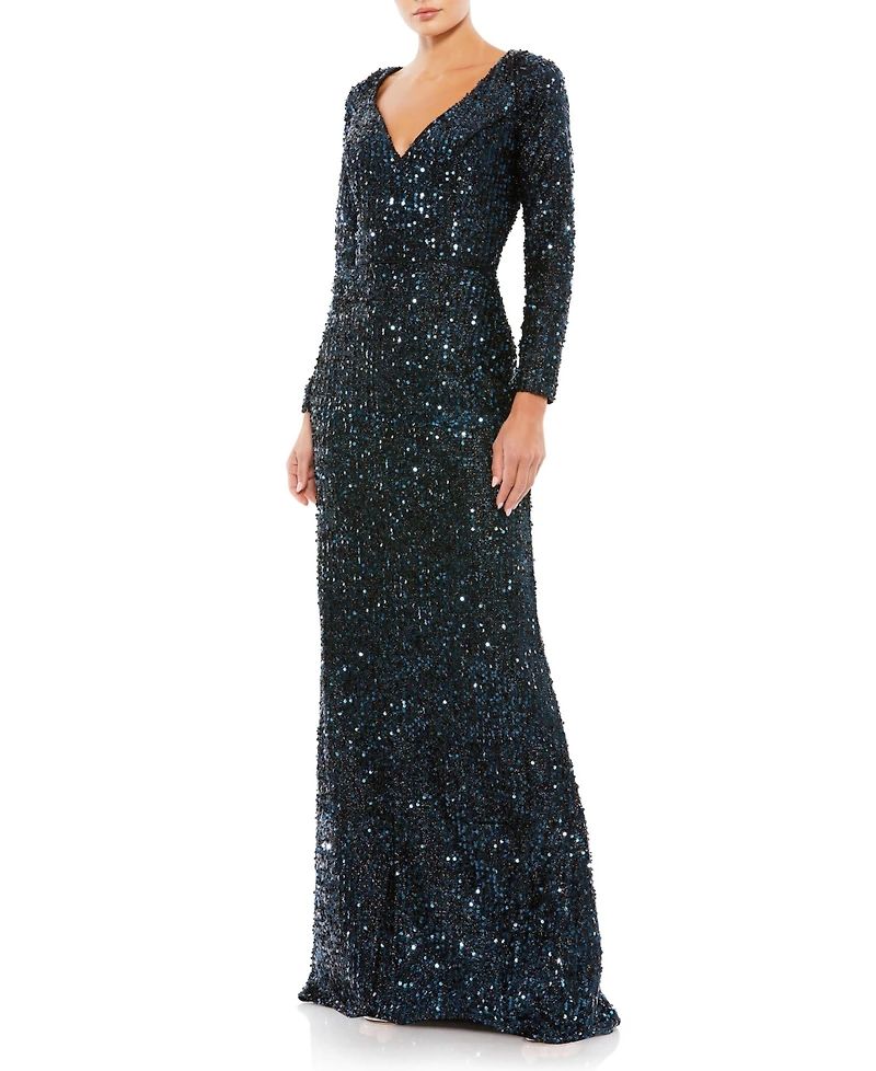 Mac Duggal Women's Ieena Sequined V-Neck Long Sleeve Gown