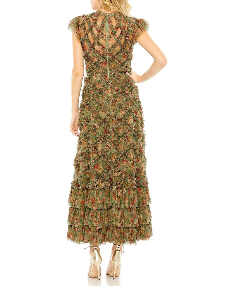 Mac Duggal Women's High Neck Ruffle Cap Sleeve Floral Dress