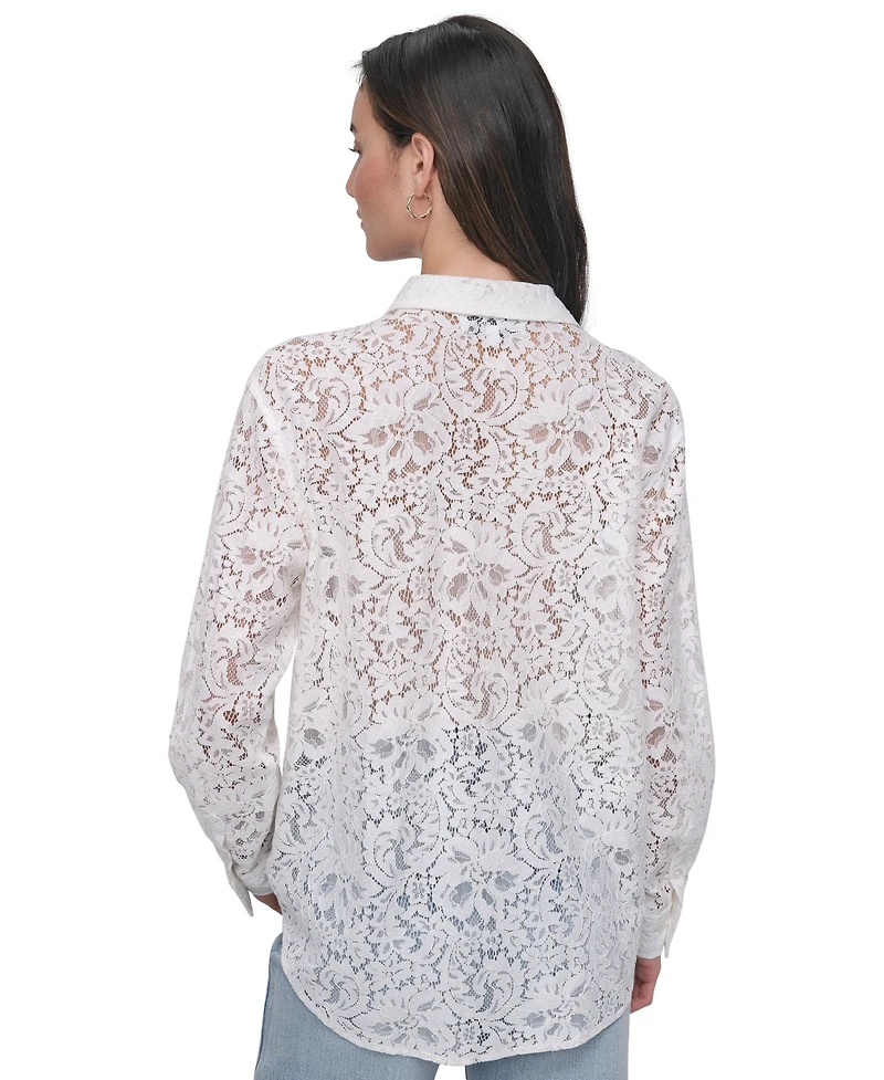 Dkny Jeans Women's Long Sleeve Button Front Lace Shirt