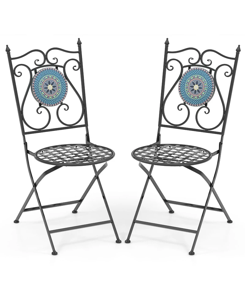 Set of 2 Mosaic Chairs for Patio Metal Folding Chairs-Multicolor