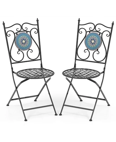 Set of 2 Mosaic Chairs for Patio Metal Folding Chairs-Multicolor