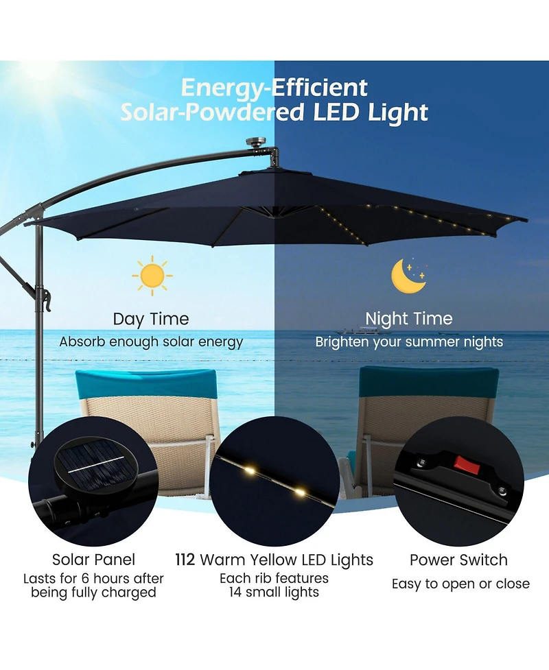 10 Feet Patio Offset Umbrella with 112 Solar-Powered Led Lights-Beige-Navy