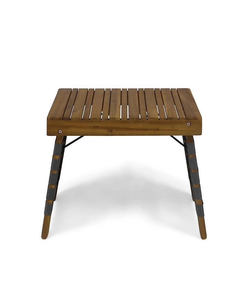Outdoor Folding Side Table with Woven Accents, Wooden End Table for Living Room, 19 Inch Patio Side Table