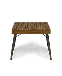 Outdoor Folding Side Table with Woven Accents, Wooden End Table for Living Room, 19 Inch Patio Side Table