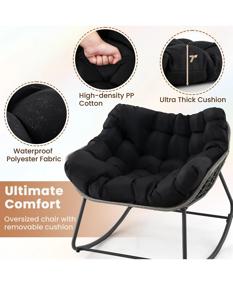 Outdoor Rocking Chair Oversized Patio Pe Wicker Egg Chair with Cushion