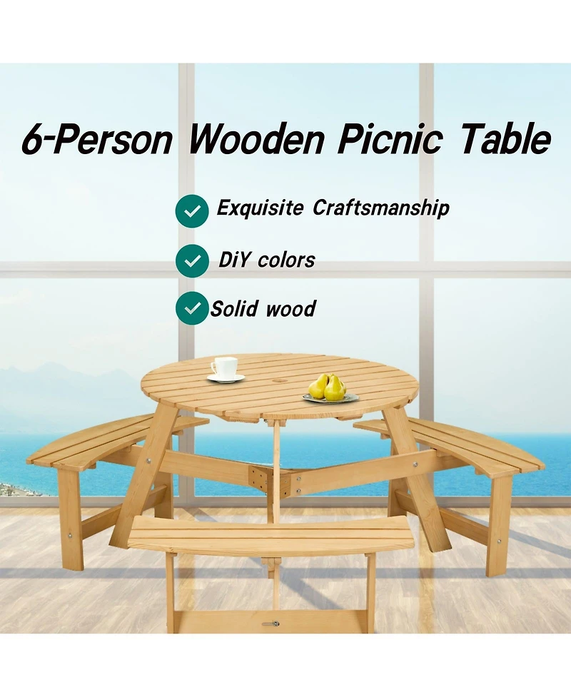 Outdoor 6 Person Picnic Table, 6 person Round Picnic Table with 3 Built-in Benches, Umbrella Hole