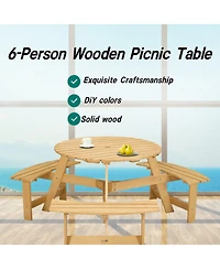 Outdoor 6 Person Picnic Table, 6 person Round Picnic Table with 3 Built-in Benches, Umbrella Hole
