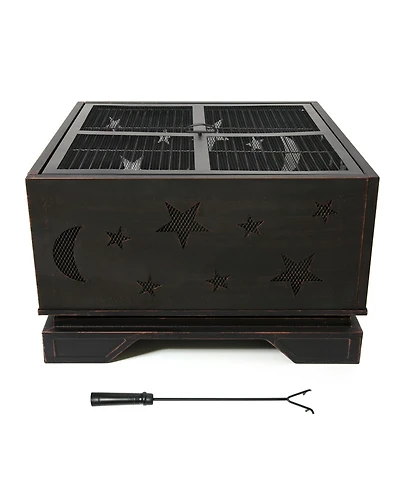 26 in.Outdoor Square Wood-Burning Fire Pit Table with Grill and Poker, Large Burning Space Fireplace for Picnic Bonfires