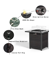 28 in. Propane Fire Pit Table, Rattan and Wicker,50000 Btu, Glass Windscreen Protector