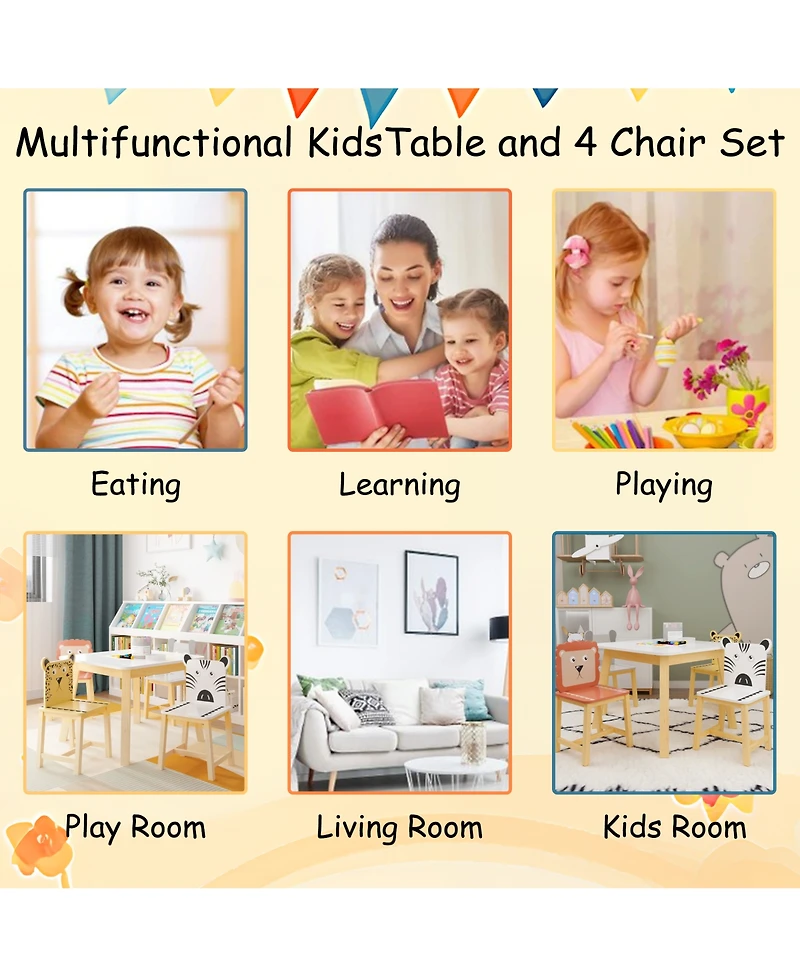 5 Piece Kiddy Table and Chair Set , Kids Wood Table with 4 Chairs Set Cartoon Animals