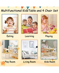5 Piece Kiddy Table and Chair Set , Kids Wood Table with 4 Chairs Set Cartoon Animals