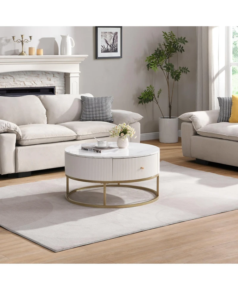 Streamdale 31.5" Round Coffee Table w/ Drawers, Faux Marble Top