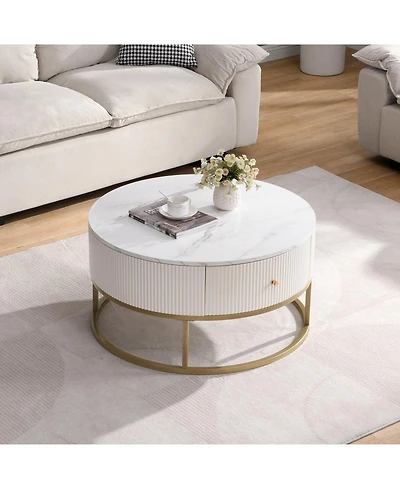 Streamdale 31.5" Round Coffee Table w/ Drawers, Faux Marble Top