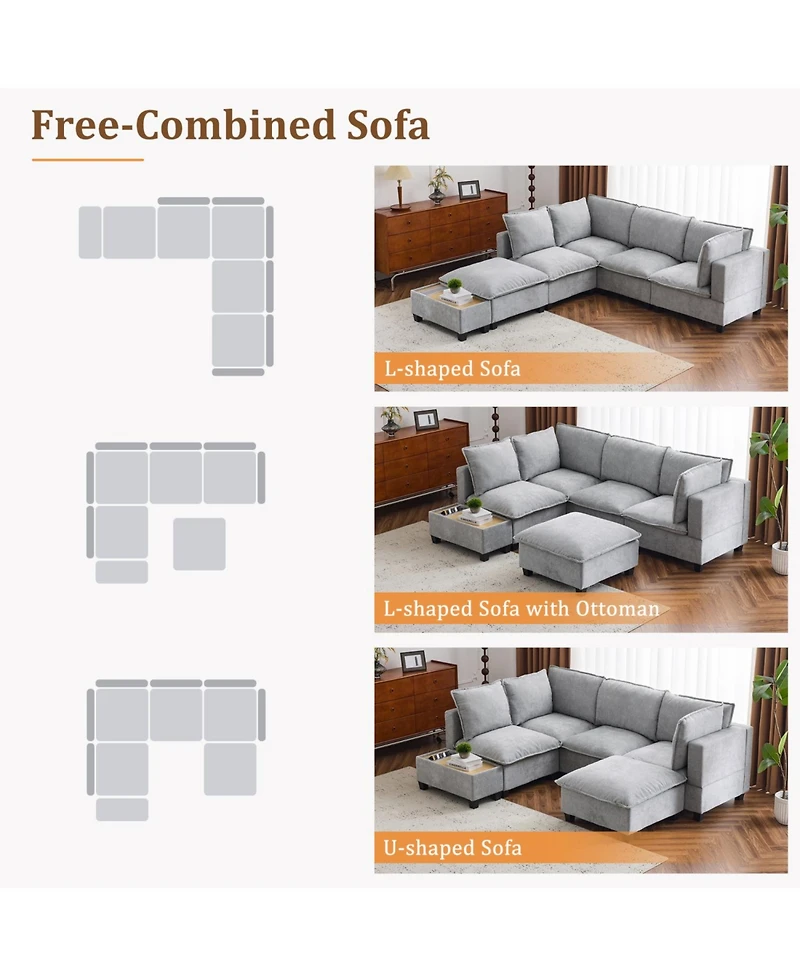 90" U-Shaped Sectional Sofa with Ottoman & Charging Coffee Table