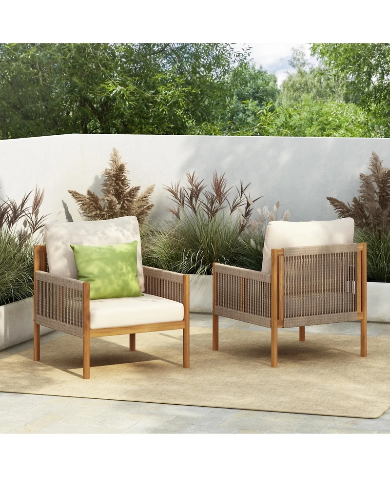 Streamdale Woven Outdoor Lounge Chairs - Wood Frame & Cushions (Set of 2)