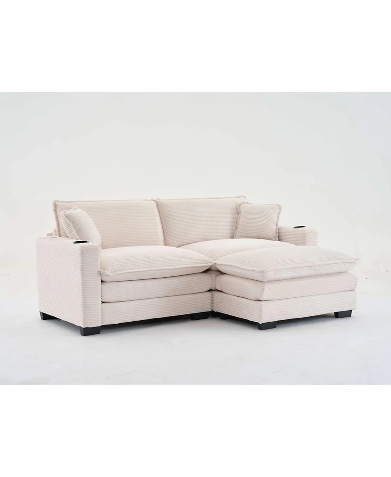 Streamdale L Shape Corduroy Sofa w/ Usb, Cup Holder & Ottoman - Beige