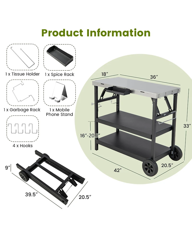 3 Tiers Foldable Outdoor Cart on 2 Wheels with Phone Holder