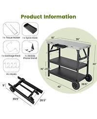 3 Tiers Foldable Outdoor Cart on 2 Wheels with Phone Holder