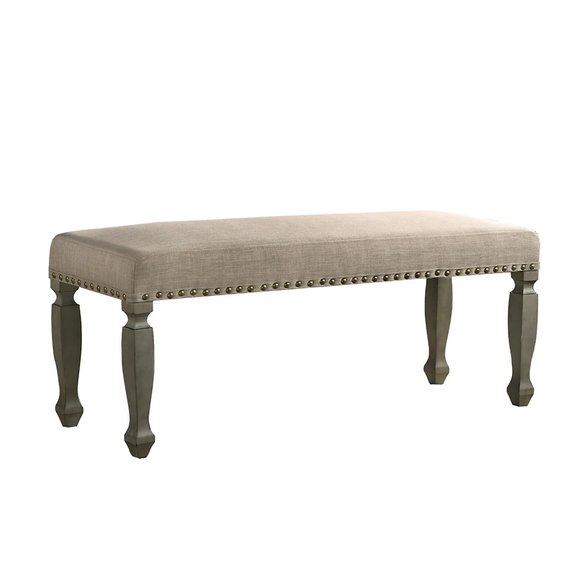 Antique Gray Finish Upholstered Nailhead Bench