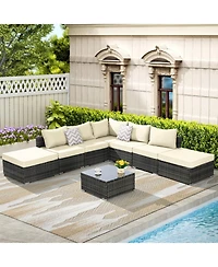 Outdoor Wicker Patio Sofa Set with Cushions & Table