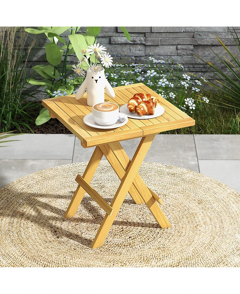 Teak Wood Square Coffee Table with X-shaped Legs and Slatted Tabletop