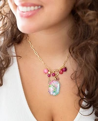 Barse Scenic Pink Flamingo Agate Golden Pendant Necklace