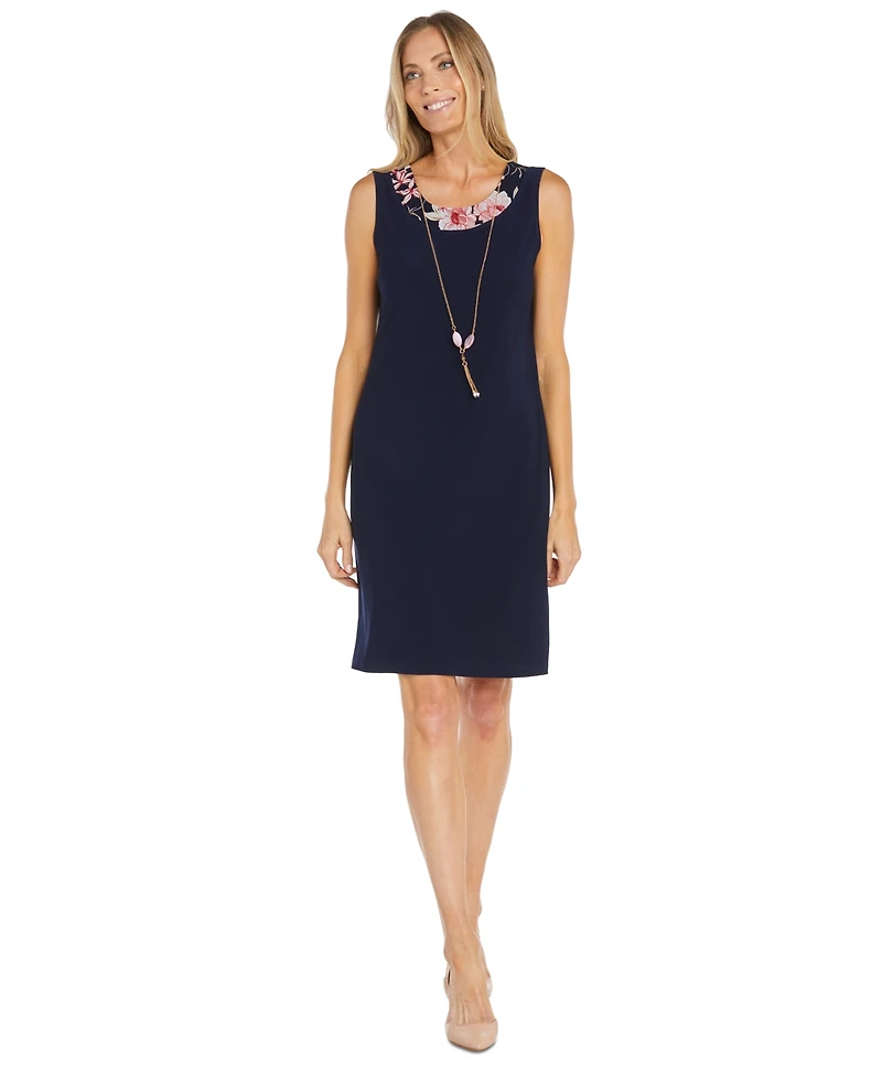 R & M Richards Women's Floral Printed Jacket and Necklace Dress Set