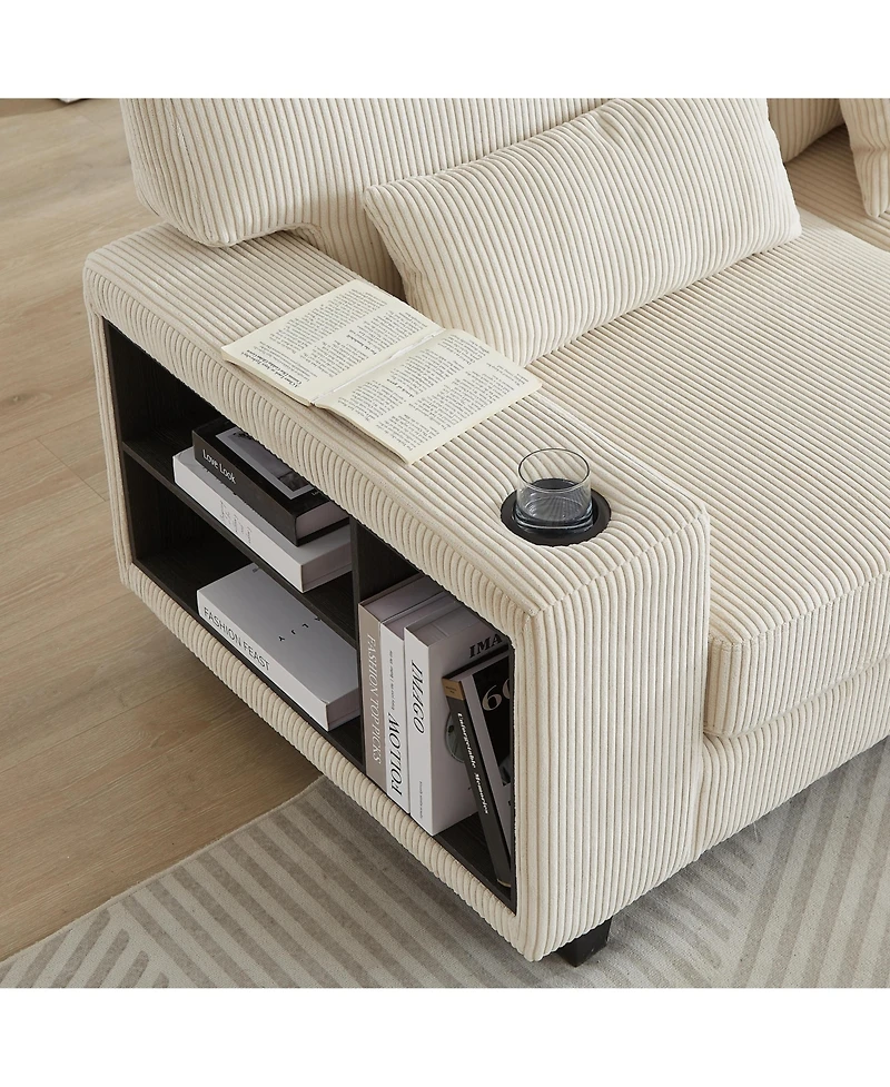 Streamdale L-Shaped Corduroy Sectional Sofa with Storage & Cup Holder