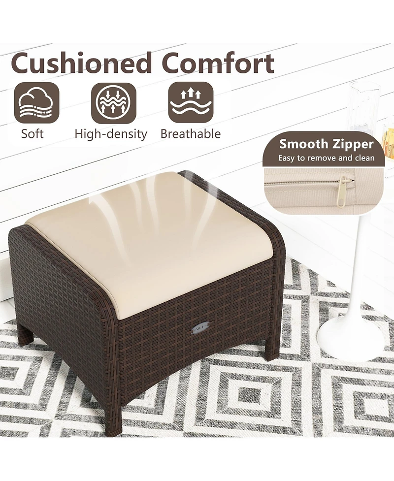 2 Pieces Outdoor Patio Pe Wicker Ottomans with Removable Cushions