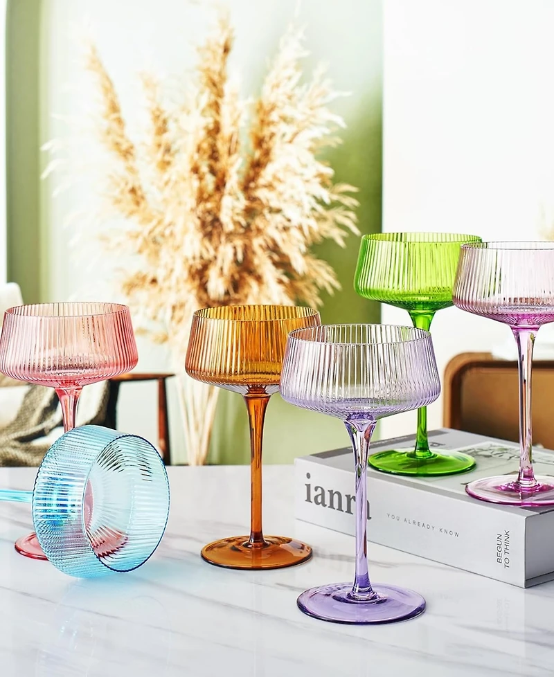 The Wine Savant Art Deco Modern Ribbed Cocktail Glasses, Set of 6