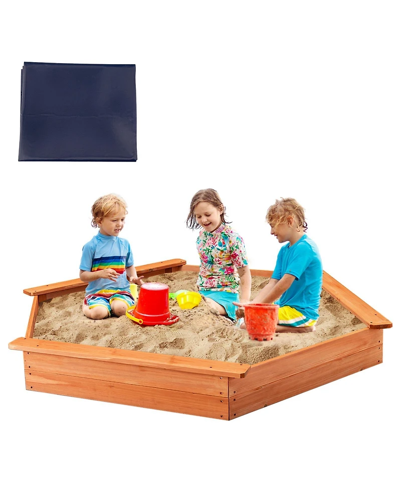 Hexagon Wooden Cedar Sand Box w Seat Boards