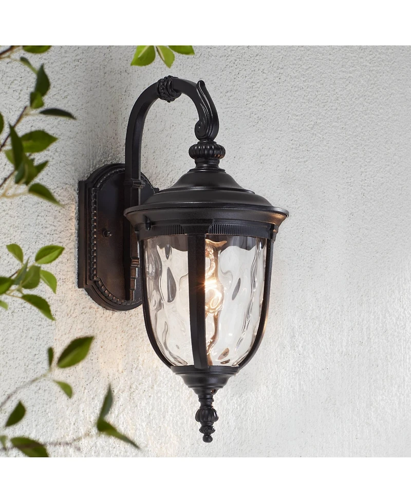 John Timberland Bellagio Vintage Outdoor Wall Light Fixtures Set of 2 Texturized Black Downbridge 16 1/2" Clear Hammered Glass for Post Exterior