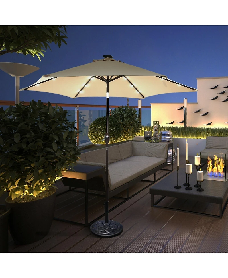9 Feet Solar Led Lighted Patio Market Umbrella Tilt Adjustment Crank Lift-Tan