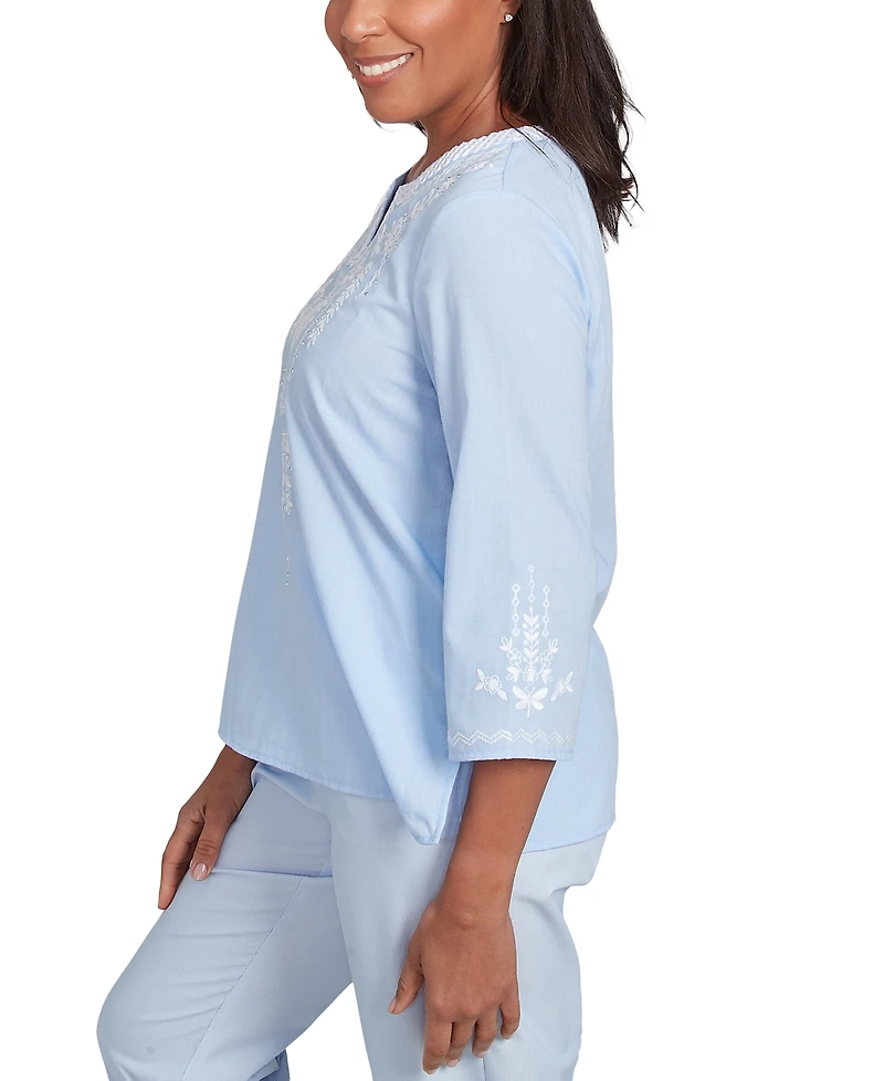 Alfred Dunner Petite Embroidered Split-Neck 3/4-Sleeve Top