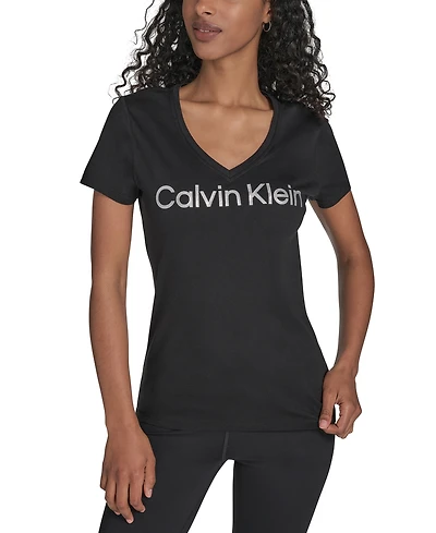 Calvin Klein Performance Women's Glitter Logo V-Neck T-Shirt